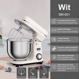 Keukenmachine 6L - 1200W - Staande Mixer - RVS Mengkom - 6 Snelheden + Pulse - LED Display - Inclusief Garde, Deeghaak & Platte Menghaak - Wit — thumbnail 4