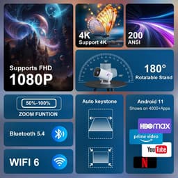 SnelShoppen - 4K Full HD 1080P Mini Projector - Draagbare Projector met WiFi 6, Bluetooth 5.4, 180° Rotatie en Automatische Trapeziumcorrectie voor Fe — thumbnail 5