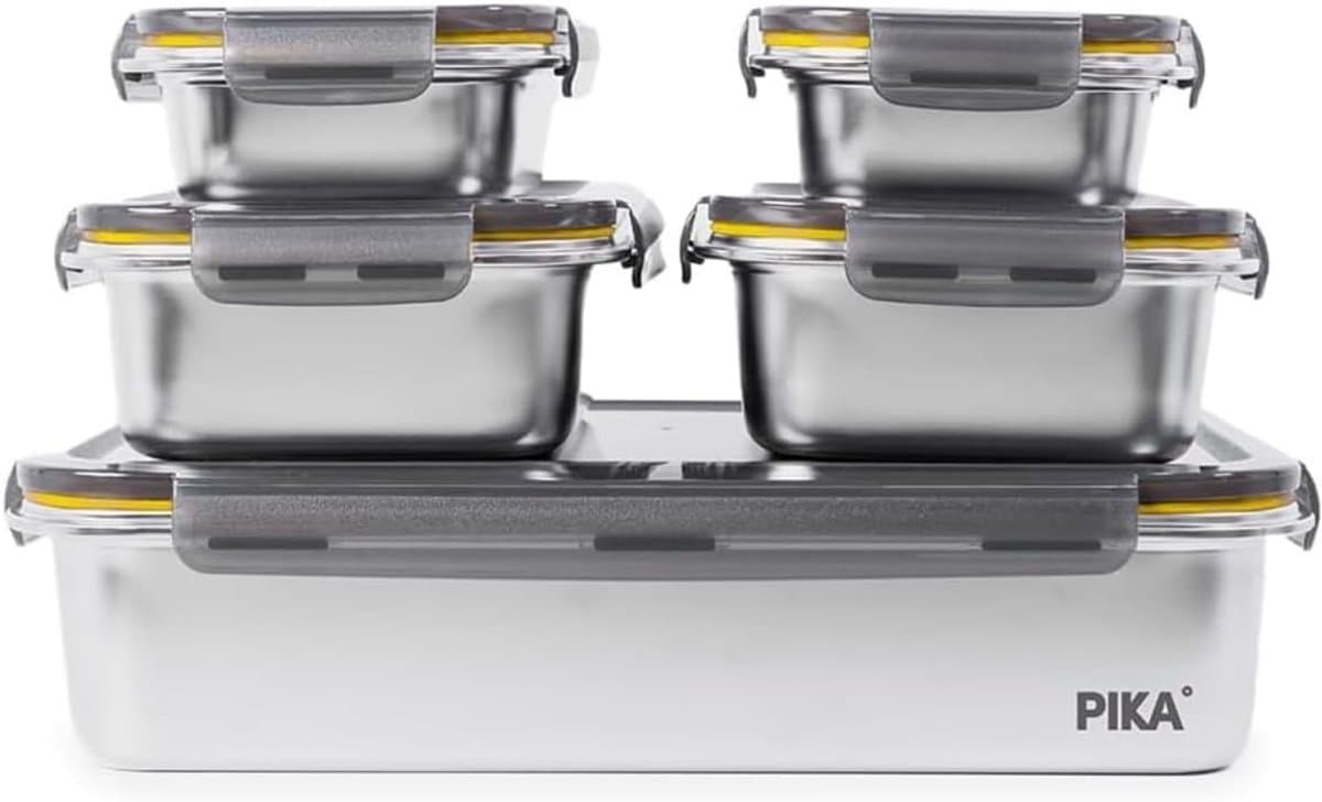 SnelShoppen - Set van 5 Bakdozen voor Batch Cooking - 1x 5000 ml + 2x 1300 ml + 2x 650 ml - Rvs, Magnetron, Oven, Vriezer Bestendig, Handige Opberging — afbeelding 1