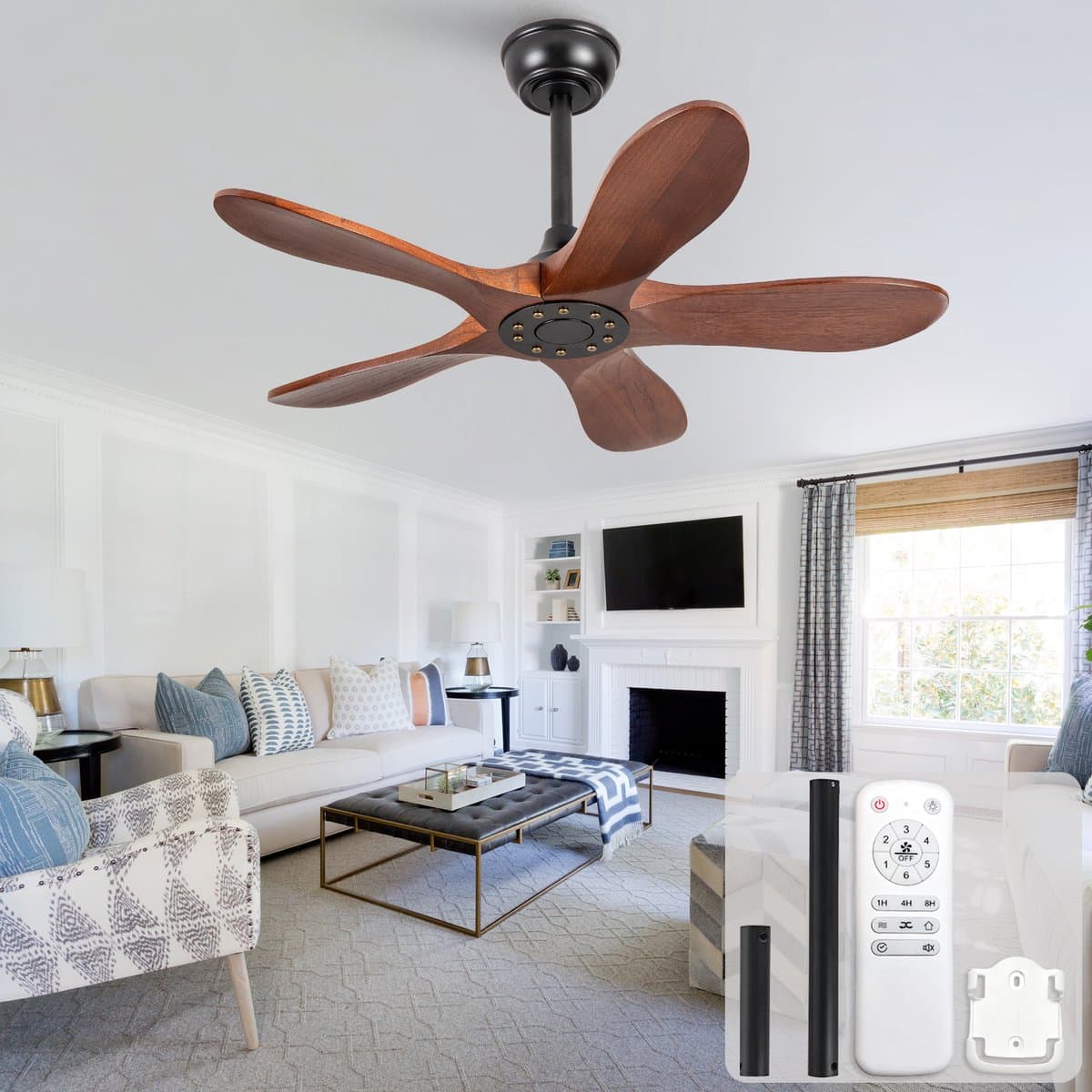 Plafondventilator 36 inch zonder verlichting - zes-snelheden omkeerbare ventilator - antidiefstalmodus - geheugenfunctie voor snelheid - vijf massief houten bladen - ideaal voor kleine appartementen, serres en patio's — afbeelding 1