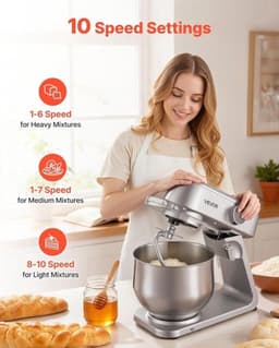 Keukenmachine – Keukenmixer – Keukenrobot – Foodprocessor – Mixer – 7,4L RVS Mengkom – 1800W Motor – 10 Snelheden – Inclusief Deeghaak, Garde En Platte Mengklopper — thumbnail 3