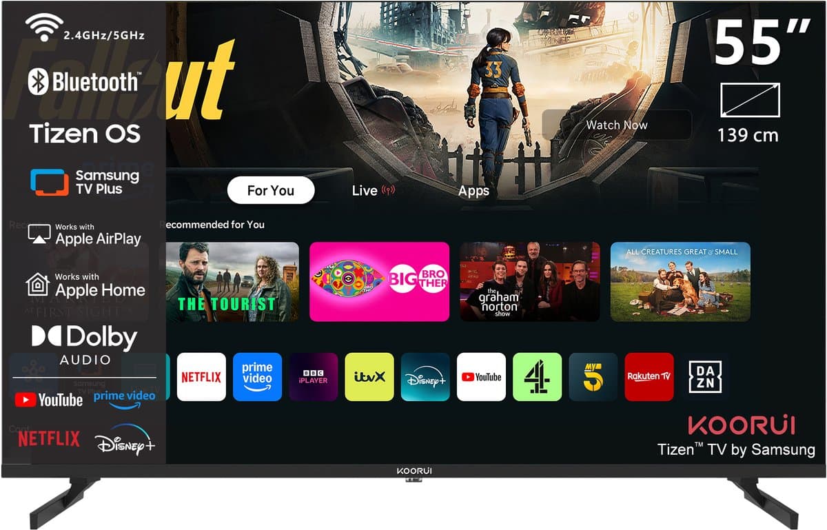 KOORUI K55Q1UQ-T8, 55 inch, 4K QLED, TIZEN TV, Randloos ontwerp, Dynamisch geluid met Dolby Audio, Top-end metalen afwerking — afbeelding 1