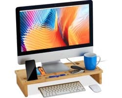 beeldscherm verhoger - organizer - 6 houders - 9x54x23 cm - bamboe