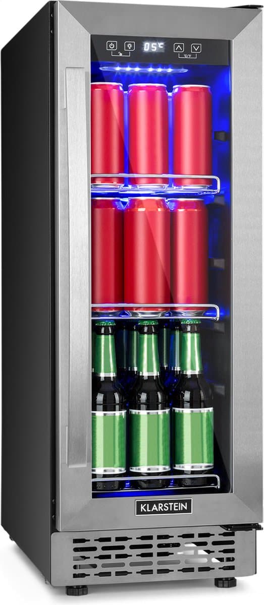 Klarstein Beerlager 56 drankkoelkast, 56 liter, 20 flessen, inbouw, 82 cm hoog, glazen deur met roestvrijstalen frame, 3 schappen, temperatuur: 0 - 10 °C, touchscreen bedieningspaneel, zwart - LED - RVS - Mini Fridge - Compact Koelkast — afbeelding 1