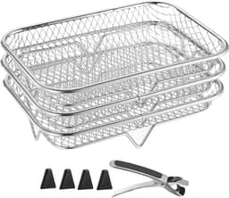 Airfryer Rack - Airfryer Mand | Trays | Racks voor du-al lade | 3x stapelbare grillmand roestvrij staal | Keukenstandaard voor stoomoven | Inclusief grijperclip — thumbnail 1