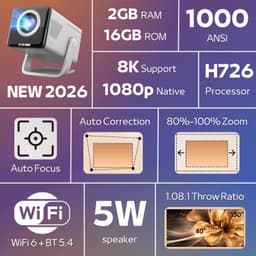 Beamer Draagbaar - 1000 ANSI Lumen Full HD 1080p - LED Projector - Android 14 Smart Systeem - Wi-Fi Bluetooth - Voor Thuisbioscoop En Buiten — thumbnail 2