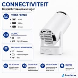 Lumistar® Atmos Mini Beamer - Full HD - Alles-in-één Smart TV Projector - 2026 model - Android 13.0 - WiFi 6 & Bluetooth 5.2 - 4k support - Beamer - Home Cinema - Wit — thumbnail 3