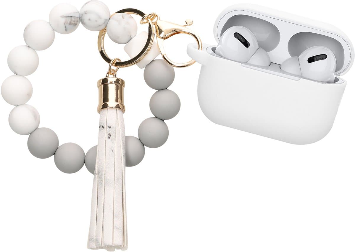 kwmobile Hoesje voor Apple Airpods Pro 2 Case met Polsbandje – Siliconen Beschermhoes met Sleutelhanger – Hoofdtelefoonhoesje in wit / grijs — afbeelding 1