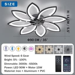 RFWR® Moderne Plafondventilator met Dimbare LED Verlichting en Afstandsbediening - Zwart 90CM — thumbnail 3