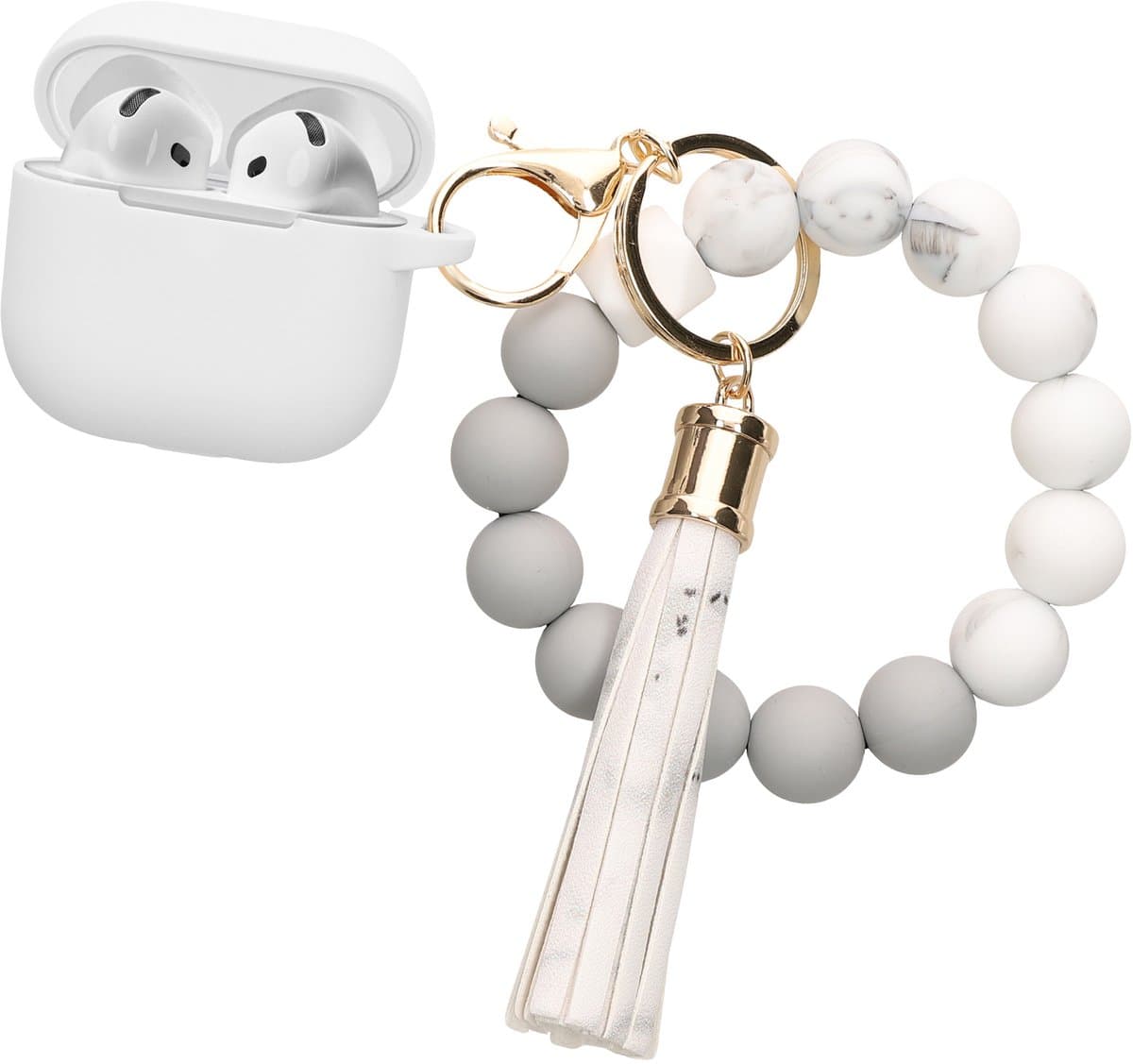 kwmobile Hoesje voor Apple Airpods 4 Case met Polsbandje – Siliconen Beschermhoes met Sleutelhanger – Hoofdtelefoonhoesje in wit / grijs — afbeelding 1