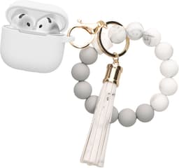 kwmobile Hoesje voor Apple Airpods 4 Case met Polsbandje – Siliconen Beschermhoes met Sleutelhanger – Hoofdtelefoonhoesje in wit / grijs — thumbnail 1