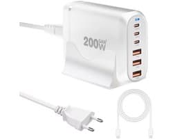 USB C Lader 200W Met 6 Poorten – GaN Snellader Voor Laptop, Telefoon En Tablet – Power Delivery 3.0 En QC 3.0 – Inclusief 100W USB-C Kabel – Compact Laadstation Voor Thuis, Kantoor En Reizen