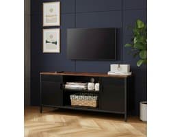 Vintage TV-meubel voor Televisie tot 55 inch | Lowboard met 2 Deuren, 3 Verstelbare Planken, Open Opbergvakken en Kabelmanagement | Retro Bruin-Zwart voor Woonkamer Depauwwonen