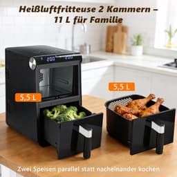 Glitzerlife - Heteluchtfriteuse - Dual-Zone Dual-Chamber 11L Heteluchtfriteuse - 13-in-1 2800W - Touchscreen Timer en Temperatuurregeling - Zwart - Huishoudelijke Heteluchtfriteuse voor Dagelijks Koken — thumbnail 4