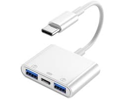 3 IN 1 USB-C naar 2X USB Female + USB-C Female - adapter kabel connecor - voor o.a. telefoon en laptop - wit