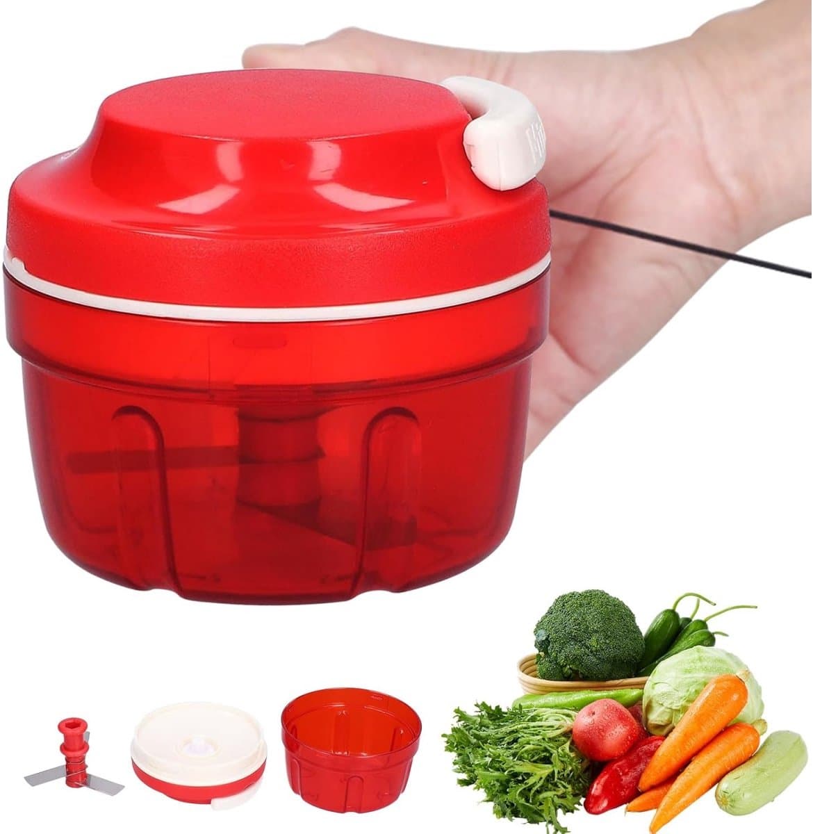 Handtrekgroentesnijder - Uienhakselaar - Hakmolen Gehaktmolen - Handmatig trekkoord Keukenmachine - Blender - Thuiskeuken Knoflookversnipperen - Keukenaccessoires - Rood — afbeelding 1