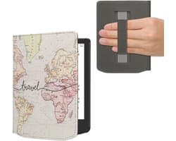 kwmobile e-reader hoesje geschikt voor Pocketbook Verse / Verse Lite / Verse Pro / Color / Vivlio Light/Light HD hoes - E reader flip case met magneetsluiting - Ereader cover - Travel Wereldkaart design in zwart / meerkleurig