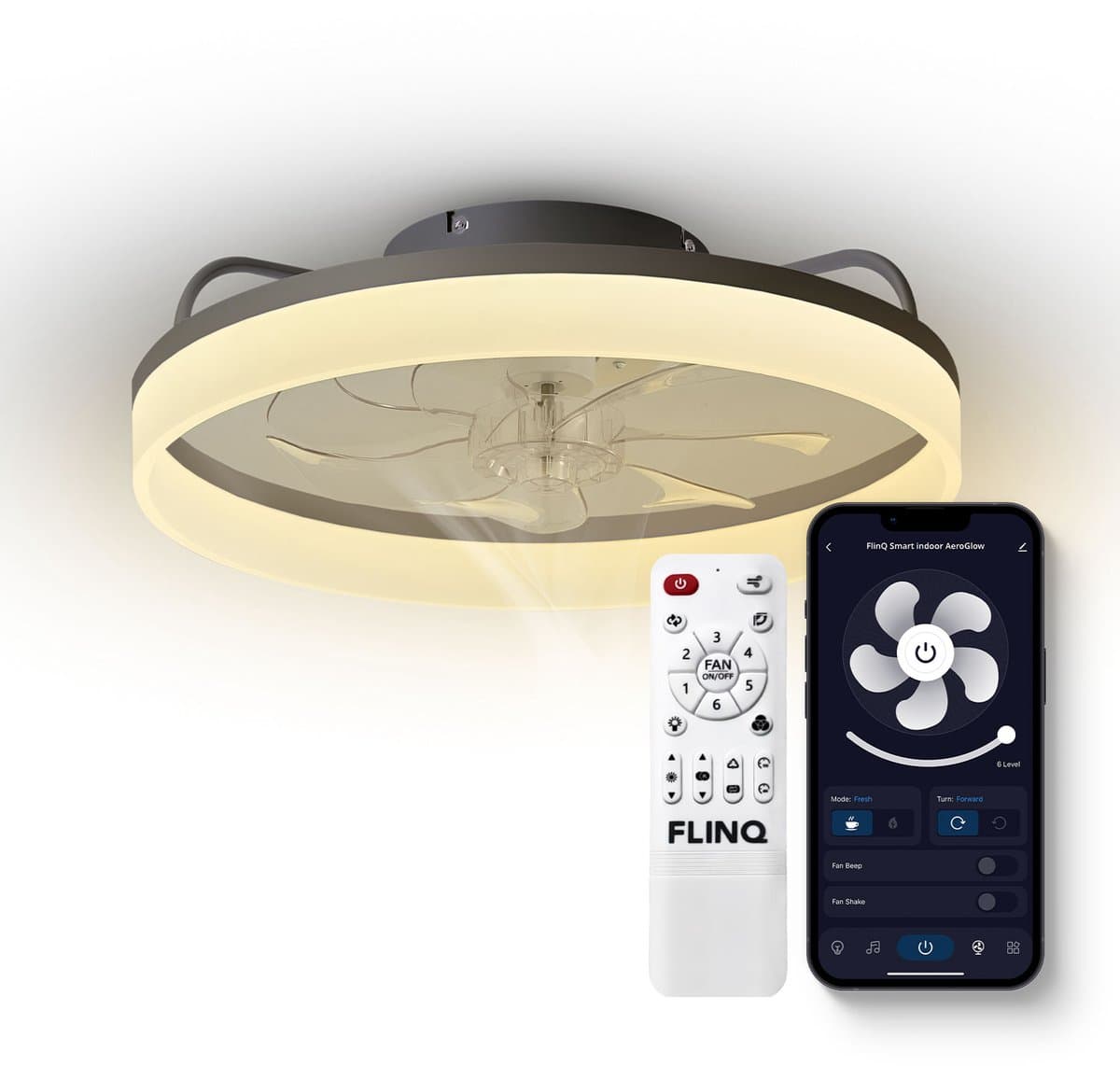 FlinQ AeroGlow Smart Plafondventilator met Verlichting - Ventilator voor aan het Plafond - Ideaal voor op de Slaapkamer - Bestuurbaar met App of Afstandsbediening — afbeelding 1