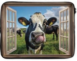 Laptophoes 17 inch - Doorkijk - Koe - Weiland - Dieren - Natuur - Laptop sleeve - Binnenmaat 41x28 cm - Zwarte achterkant