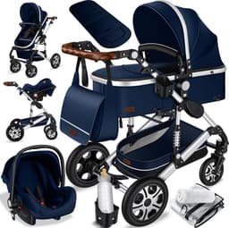 KESSER® Kinderwagen 3 in 1 Loops Wandelwagen Set incl. Autostoel & Reiswieg & Buggy Sportzitje - Massieve Rubberbanden - Luiertas / Regenhoes - Blauw / Zilver — thumbnail 1