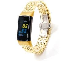 Stalen Smartwatch bandje - Geschikt voor Fitbit Charge 5 / Fitbit Charge 6 stalen draak band - goud - Strap-it Horlogeband / Polsband / Armband