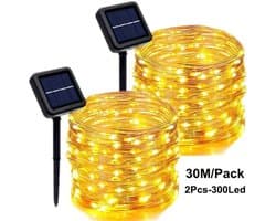 2 stuks 30m zonne-energie lichtsnoer, waterdicht, koperdraad, kerstfeest slinger, buitentuin, bruiloft, lichtsnoer met 8 standen van koperdraad voor gazon, patio, kerstversiering voor kerstboom (warm wit)