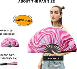 Opvouwbare Handventilator - Handwaaier Dansventilator - Koelte Blijven - Bamboe Frame Nylon Doek - 34 cm Gesloten - Roze Golf — thumbnail 2