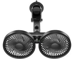 Ulisem - Voorbankventilator - Met zuignap beugel - 3600mAh oplaadbaar - 3 snelheden - Dubbel 5.7 inch kop - 360° roteerbaar - Led display - Stille motor - Voor auto en reizen - Zwart — afbeelding 1