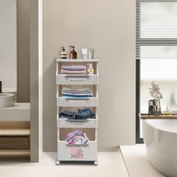 Waskast met Wielen - Kleding Organizer - Sorteren en Opbergen - Vier Compartimenten - 110 cm Hoog - Wit Grijs — thumbnail 3