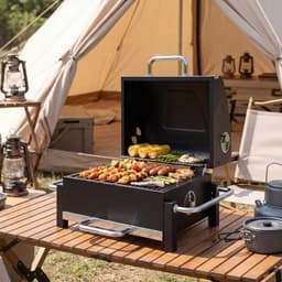 Premie Stalen Houtskool Barbecue - Smoker Barbecue - Draagbare Houtskoolgrill - met Deksel, Verstelbare Ventilatie, Houtskoolbak met 2 Niveaus, Thermometer - BBQ voor Kamperen, Buiten, Tuin - 74,5 x 54 x 46 cm - Zwart — thumbnail 4