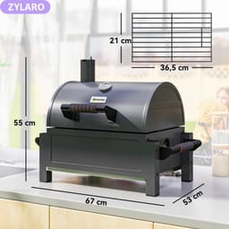Premie Houtskool Barbecue - Smoker Barbecue - Houtskoolgrill - Grillwagen met Deksel, Warmhoudrek, Aslade, Thermometer - BBQ voor Kamperen, Buiten, Tuin - RVS - 67 x 53 x 55 cm - Zwart — thumbnail 2
