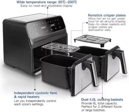 Dubbele Airfryer - Heteluchtfriteuse - Gezond Koken - Twee Manden - 8 Liter - Zwart — thumbnail 5