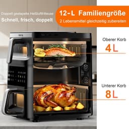 Airfryer Dubbele Mand - Heteluchtfriteuse Duo - Gezonde Maaltijden - Verticaal Compact Design - 4+8 Liter - Zwart — thumbnail 2