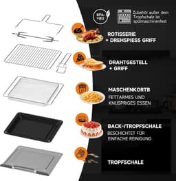 XXL Heteluchtfriteuse 28L Mini-Oven met Circulatie 1700W 18 Programma's 7 Accessoires incl. Draaispies en Dubbele Ventilator — thumbnail 5