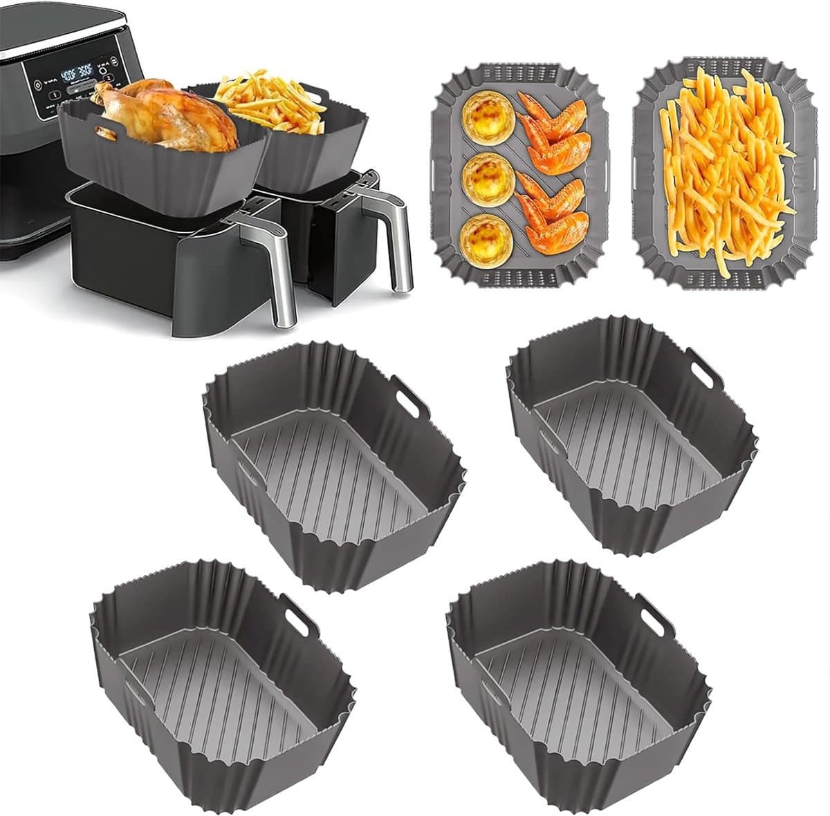 Voor Ninja Foodi Max Dual Zone Air Fryer Accessoires - Set van 4 vierkante siliconen bakplaten - Compatibel met AF300EU, AF400EU en andere Dual Zone-modellen - Grijs — afbeelding 1