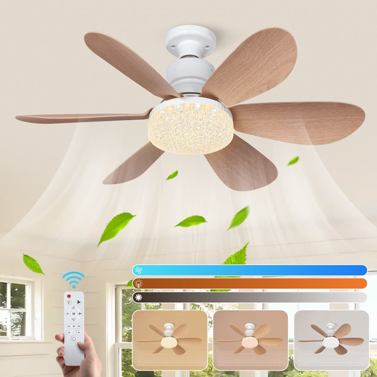 Rosnek E27 Socket Fan Houtlook - 2000LM Inschroefbare Plafondventilator met Verlichting - Plafondlamp met Ventilator Dimbaar - Slaapmodus - Keuken — afbeelding 1