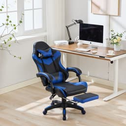 Ergonomische Bureaustoel/Gamingstoel – Verstelbare Rugleuning – 360° Draaibaar - Met Armleuningen En Voetsteun - Hoofdsteun & Lendensteun - Zwart, blauw — thumbnail 4