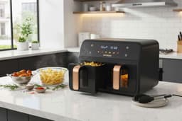 Hyundai Electronics - Digitale Airfryer Duo - Hetelucht friteuse - 6.2 Liter - Met dubbele mand en doorkijkvensters - Zwart met roségoud — thumbnail 4
