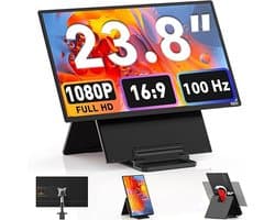Portable Monitor – Draagbaar Scherm – Extern Scherm – Laptop Display – Tweede Scherm – 23,8 Inch Dual-1080P – IPS Paneel 100Hz – 90° Draaibare Standaard Met VESA Mount