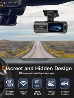 Dashcam met dubbele opnamefunctie voor en achter, 4K+1080P, ingebouwde wifi en gps, geschikt voor in de auto, bediening via een app, dubbele camera met nachtzicht, zwaartekrachtsensor, inclusief een geheugenkaart van 64 GB. — thumbnail 3