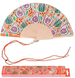Kleurrijke handventilator met vijgenprint - Houten waaier in oranje tint (42,5 x 23 cm) — thumbnail 5