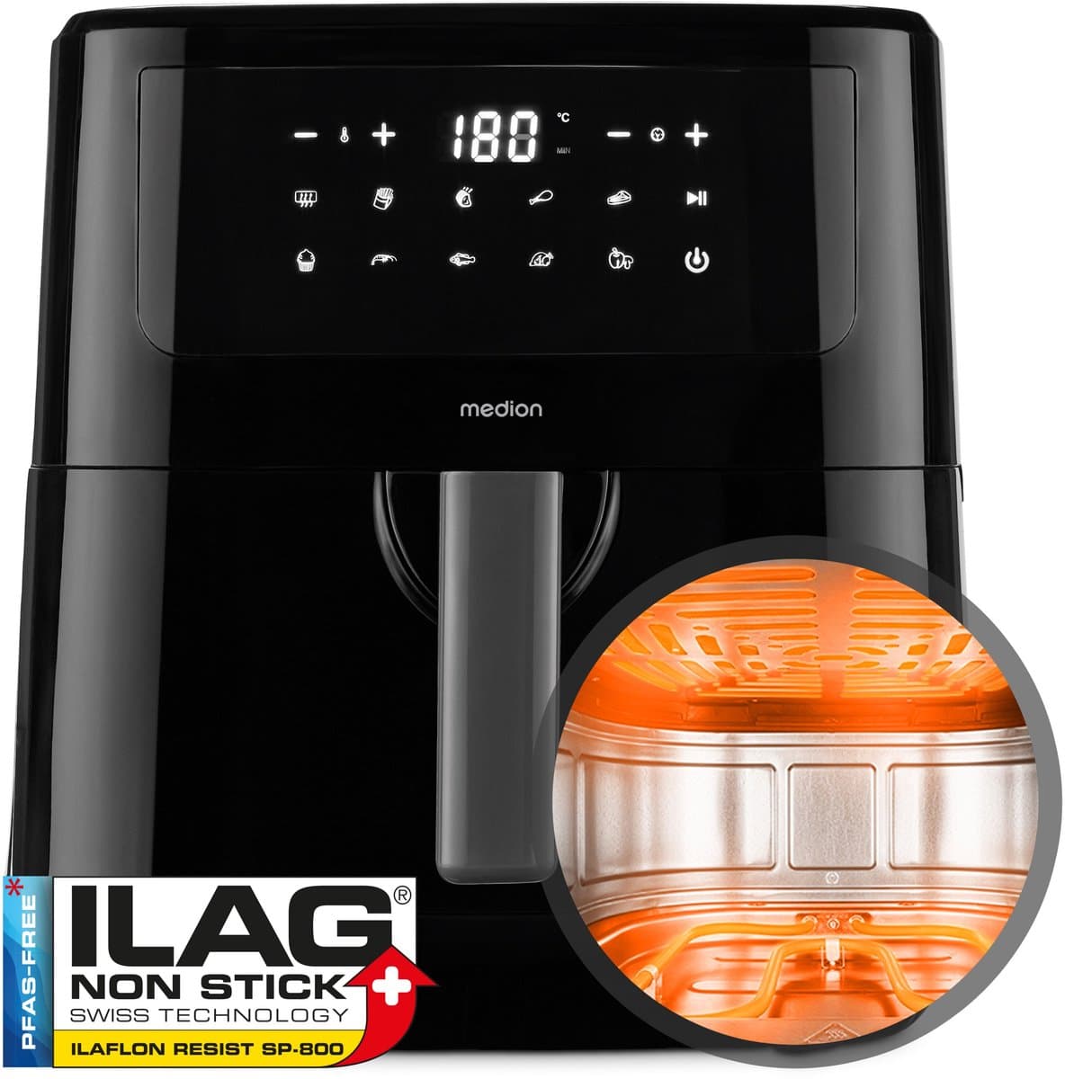 MEDION P10 XL Airfryer (6,8 liter XXL heteluchtfriteuse, 2.150 watt, twee roestvrijstalen verwarmingselementen, schudalarm, 9 automatische programma's, touch bedieningspaneel, LED-display) — afbeelding 1