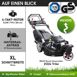BRAST Benzine Rasenmäher Trike met Aandrijving | 5,2 kW (7 PK) | 53 cm Maaibreedte | TÜV Gecertificeerd | 4-takt OHV Motor | Verstelbare Maaihoogte 30-80 mm | 60L Grasopvangbak | Robuuste Stalen Behuizing | Meerdere Modellen Indsutrialhome — thumbnail 2
