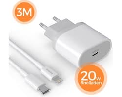 Wurk Snellader - 20W - Kabel 3M – Oplader met USB-C Adapter – Snelladen – Geschikt voor Smartphones – Wit