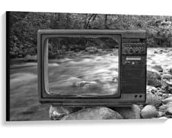 Canvas - Oude Vintage Televisie met Doorkijk op Rivier (Zwart-wit) - 90x60 cm Foto op Canvas Schilderij (Wanddecoratie op Canvas)