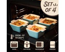 Mini keramische ovenschaal set van 4 - Stapelbaar - Kras- en snijbestendig - Geschikt voor oven & airfryer - Vaatwasmachinebestendig - Blauw