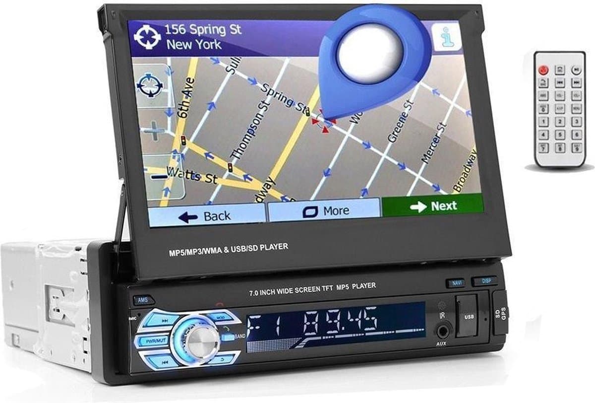 TechU™ T47 Autoradio met Uitklap Scherm – 1 Din 7 inch + Afstandsbediening – Bluetooth – USB – AUX – FM Radio – GPS Navigatie – Handsfree bellen – Autoradio met scherm — afbeelding 1