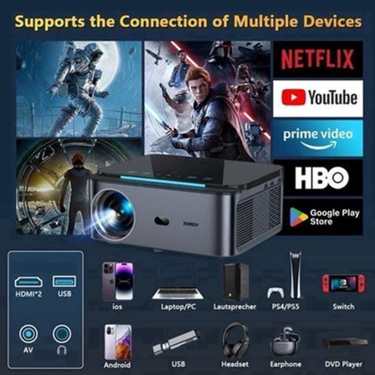 Xiwbsy - 8G Manual Focus1 - Beamer - Projector Beamer - Mini Meamer - 4k - Full HD 1080P - 1920x1080dpi - Automatische focus - met WiFi - 25000Lumens - 108W - Zwart — afbeelding 1