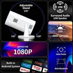 VHV - Beamer - Mini Beamer - Smart 1080P Full HD Projector - FULL HD (4K-Ondersteuning) - 200 ANSI - WiFi & Bluetooth - Ingebouwde Speakers - Draagbare Beamer Thuisbioscoop - Voor iOS en Android - Autofocus — thumbnail 3