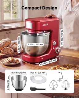 VEVOR Elektrische Kneedmachine 5 + 4 L 1000 W voor Deeg, Koekjesdeeg en Crème, met 2 Stapelbare SUS304 Kommen, Kantelbare Kop, Spatbescherming, Antislipvoetjes en Accessoireset — thumbnail 3